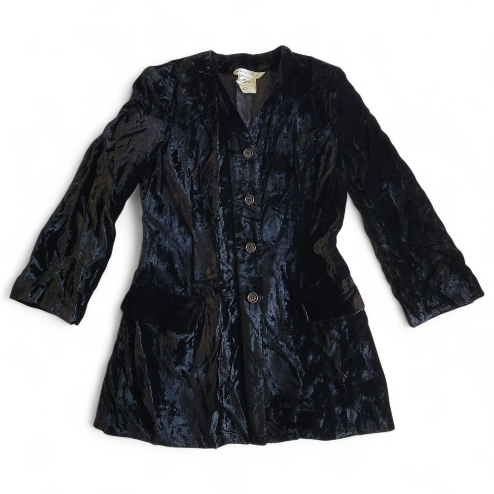 Vintage 90s Max Studio Black Velvet Trench Coat Women 10 Gothic Grunge Sleek